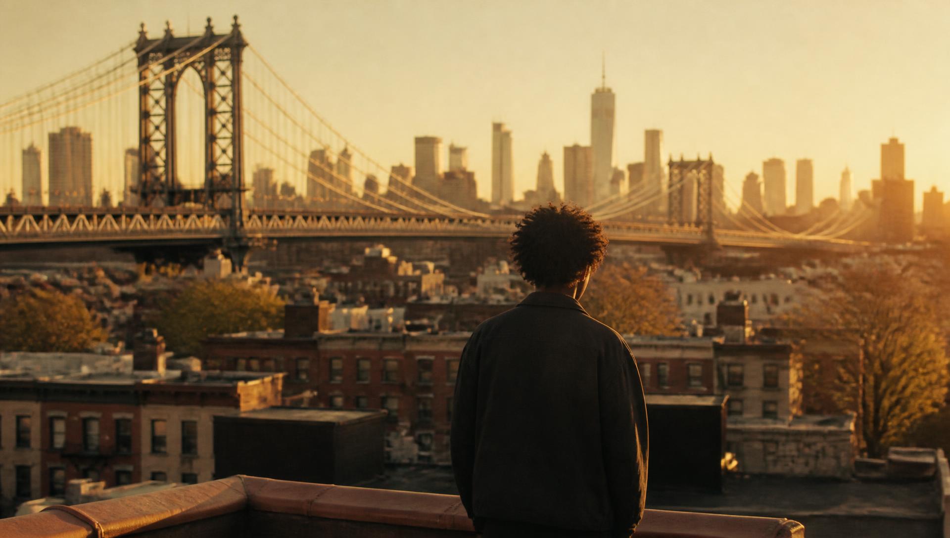 Brooklyn rooftops and the Manhattan Bridge at golden hour