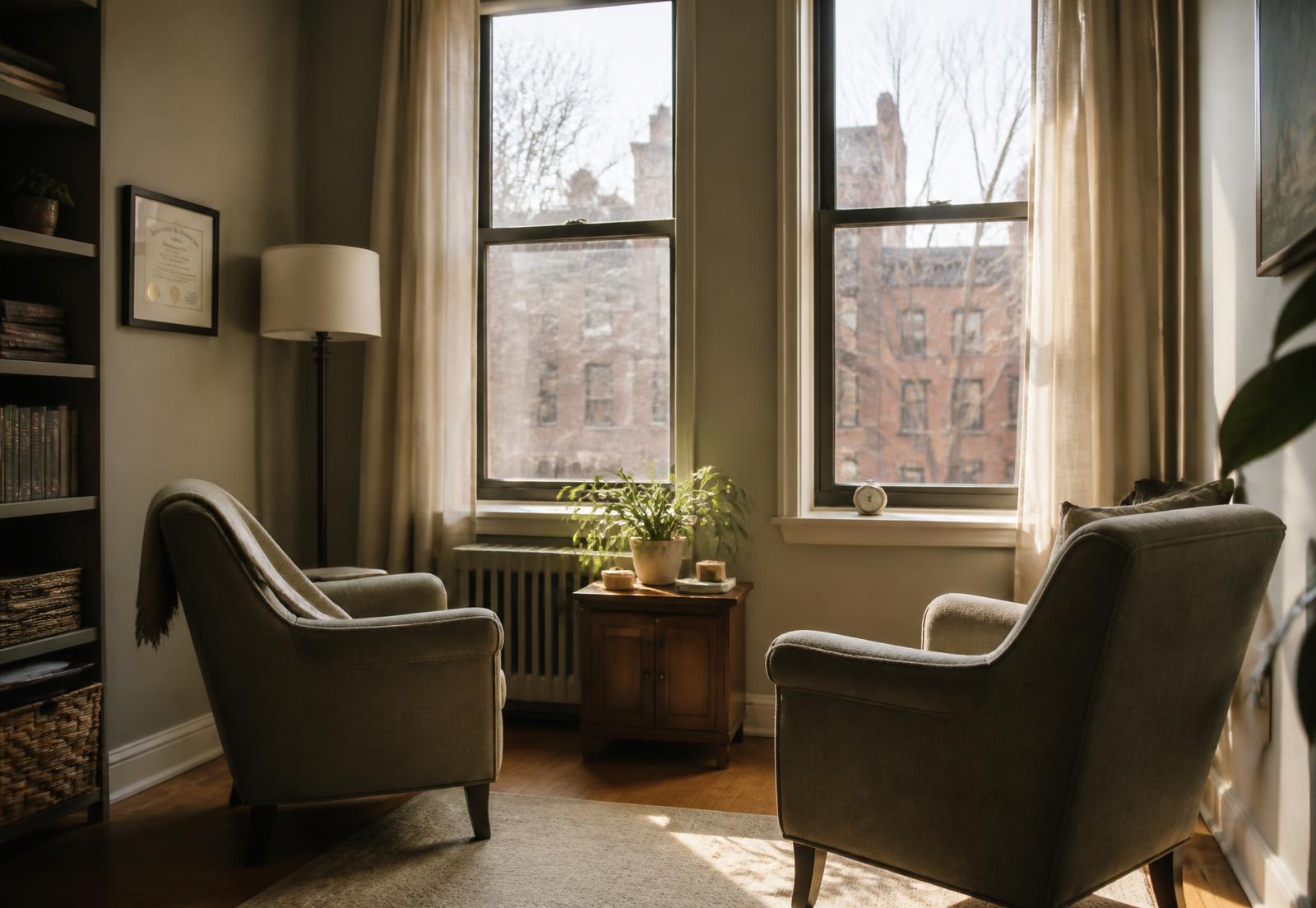 Two armchairs facing each other in a Brooklyn counseling office